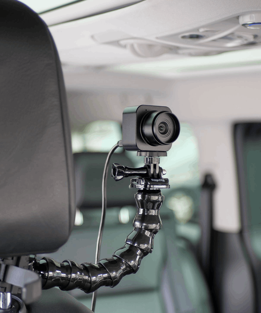 BlackCam 2.5mm camera for BlackBox in car with headrest mount